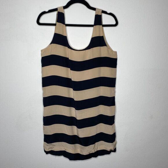 Joie 100% Silk Scoop Neck Black Tan Stripe Sleeveless Sheath Mini Tank Dress S - Picture 10 of 10